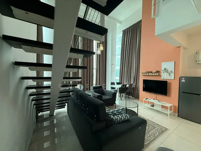 Living features: black fabric sofa, coffee table, wall-mounted TV, white TV console, large windows with sheer curtains, grey tile flooring, recessed downlights, staircase with wooden steps and metal railing, decorative wall with orange paint, framed artwork, ceiling light fixture; style: modern; view: city.