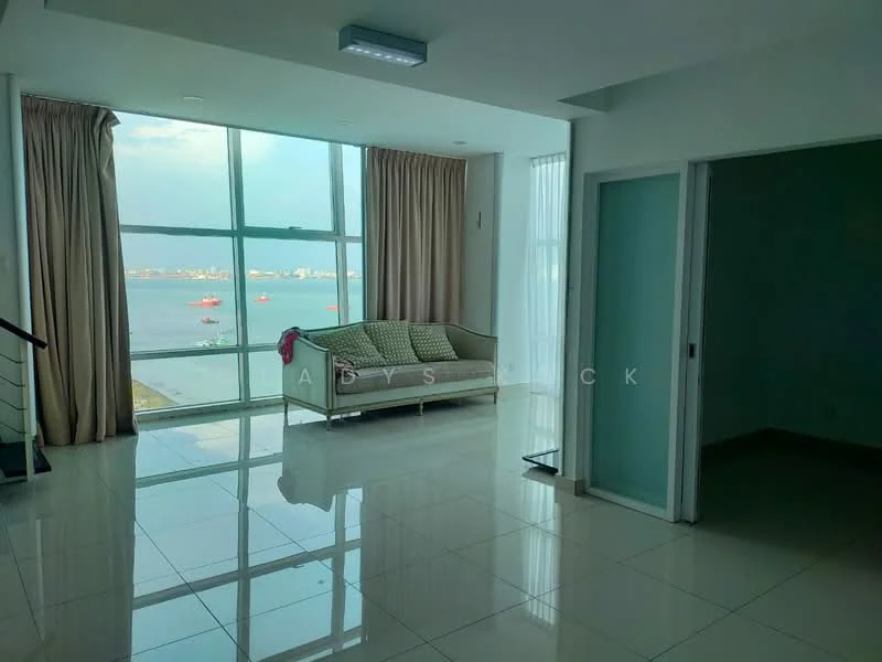 Living features: floor-to-ceiling windows, white painted walls, glossy tile flooring, sofa with cushions, sheer curtains, recessed LED downlights, city view, open layout; style: modern; view: city. Room features: white painted walls, glossy tile flooring, glass door, natural light.