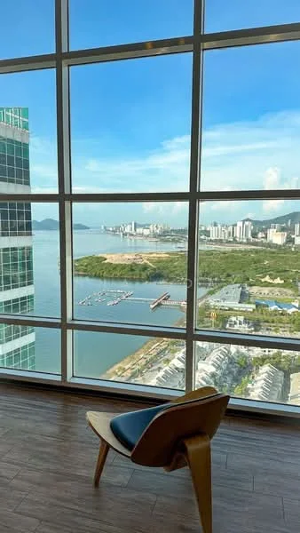 Room features: large floor-to-ceiling windows, wooden flooring, city skyline view, waterfront view, natural light, minimalist chair; style: modern; view: city.