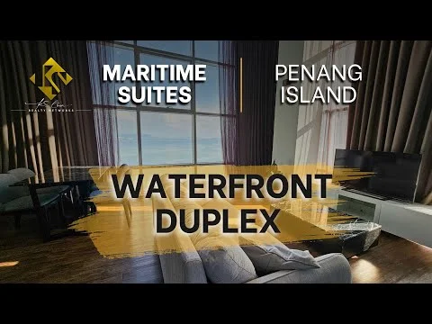 Living features: floor-to-ceiling windows, ocean view, dark wood flooring, grey fabric sofa, TV console, wall-mounted TV, curtains, decorative wall art, coffee table; style: modern; view: sea.