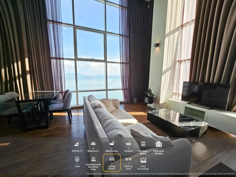 Living features: large floor-to-ceiling windows, ocean view, light brown wooden flooring, white sofa, black coffee table, TV console with TV, curtains in dark color, recessed lighting, open-plan layout, decorative wall, dining area adjacent; style: modern; view: sea. Dining features: glass dining table, black dining chairs, open-plan layout; style: modern; view: sea.