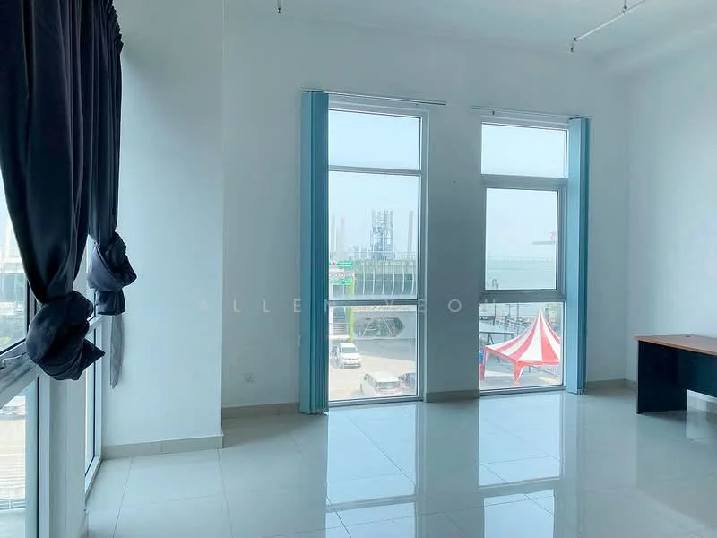 Room features: white painted walls, glossy tile flooring, floor-to-ceiling windows, curtains in dark grey, view of city skyline, view of waterfront, natural light from windows, minimalist decor; style: modern; view: city.