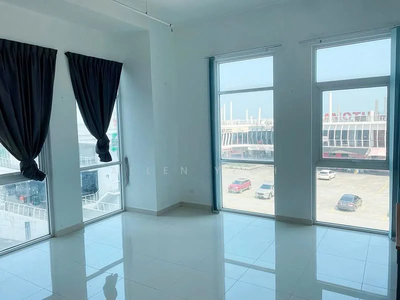 Room features: white painted walls, glossy tile flooring, floor-to-ceiling windows, sheer curtains, city view, natural light, high ceiling; style: modern; view: city.