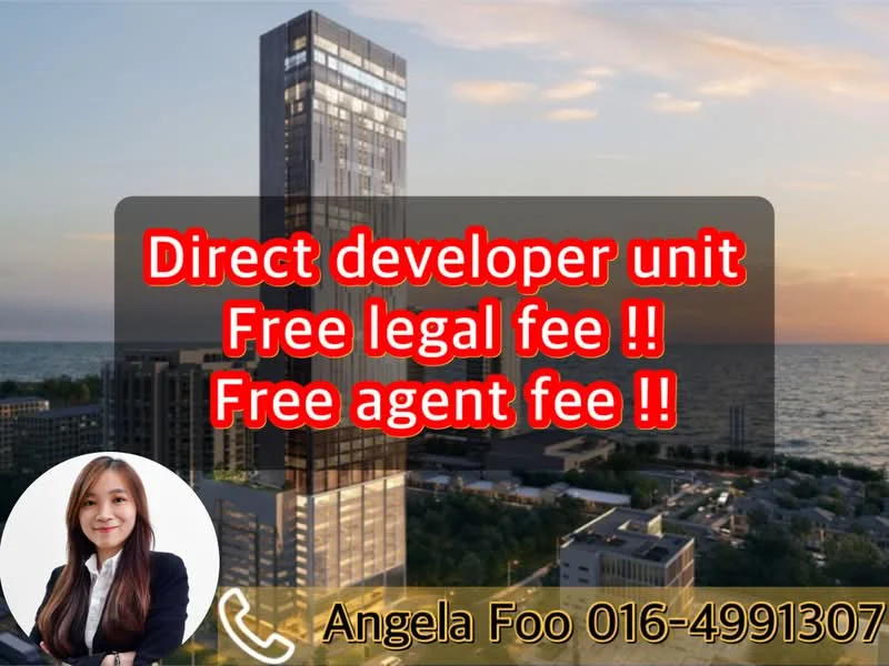 Exterior type: high-rise condominium; features: glass curtain wall, projecting balconies, sea view, surrounded by water, modern architectural design, night lighting, approximately 30-storey high-rise; style: modern.