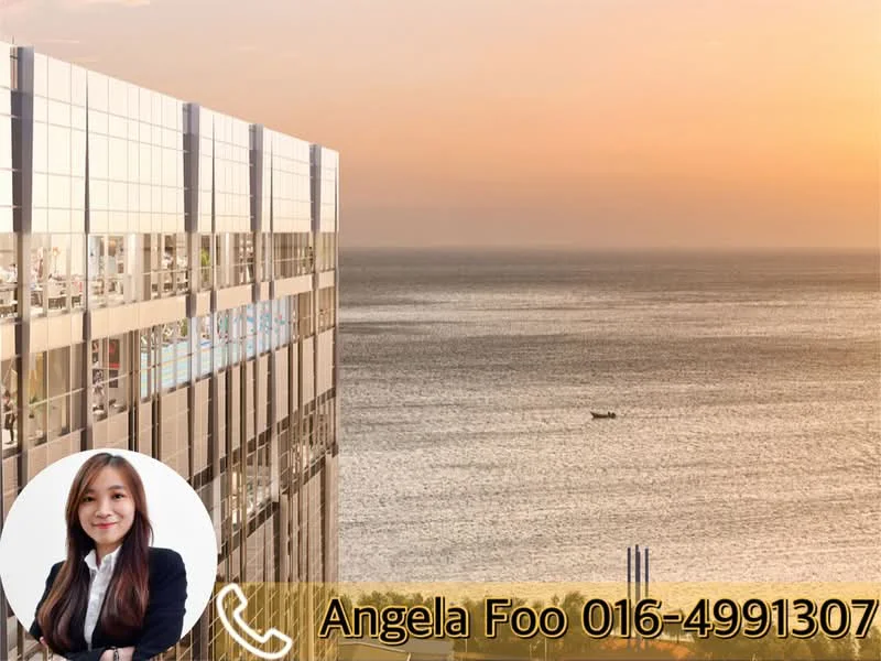 Exterior type: high-rise condominium; features: glass curtain wall, recessed balconies, sea view, sunset lighting, multiple storeys, balconies with glass railings; style: modern.