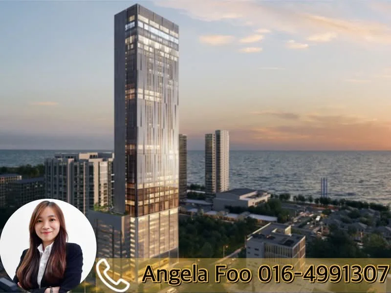 Exterior type: high-rise condominium; features: glass curtain wall, projecting balconies, surrounded by water, urban skyline in background, manicured landscaping, multiple adjacent buildings, sunset view; style: modern.