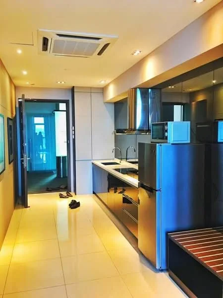 Kitchen features: white cabinetry, black countertop, double-bowl stainless-steel sink, chrome pull-down faucet, built-in oven, freestanding range oven, stainless-steel refrigerator, microwave, tile flooring, recessed downlights, wall-mounted split AC, floor-to-ceiling windows, open layout; style: modern; view: city.