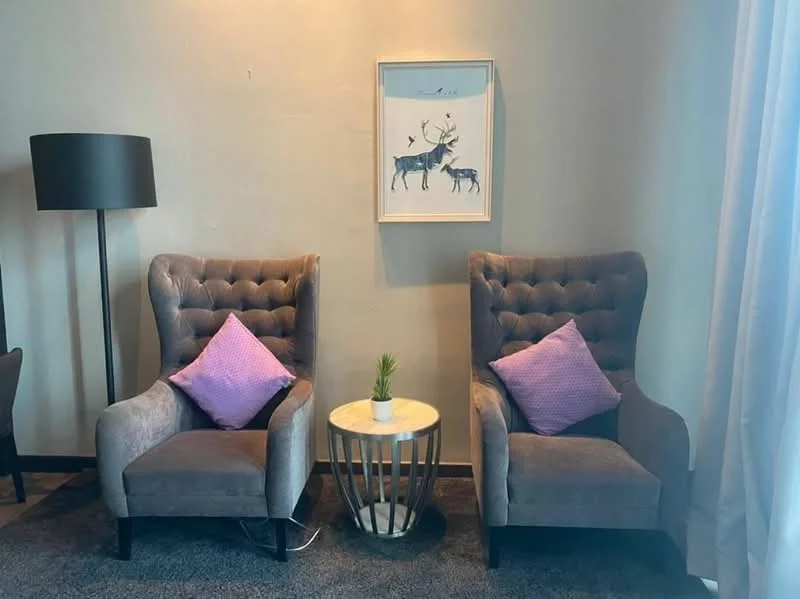 Living features: two tufted armchairs in grey fabric, purple decorative cushions, round side table with metallic base, framed artwork on wall, floor lamp with black shade, carpeted flooring in dark grey, light grey painted walls, curtains in light fabric; style: modern.