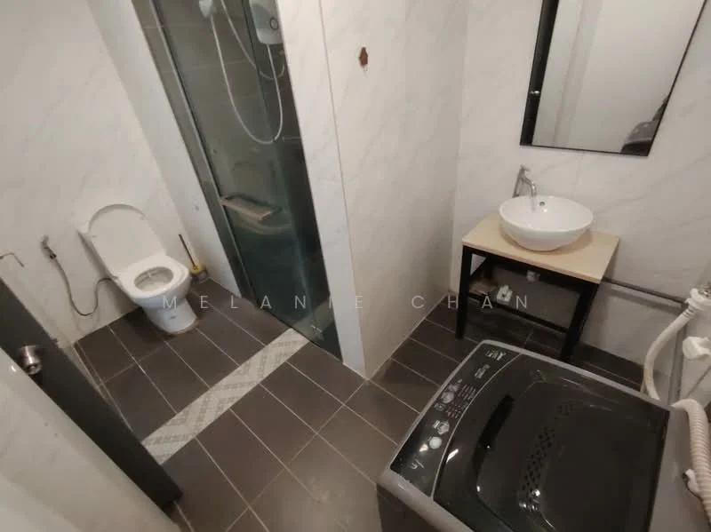 Bathroom features: white ceramic toilet, walk-in shower with glass enclosure, chrome showerhead, single-bowl ceramic sink, black framed mirror, light wood vanity, grey ceramic tile flooring, white marble wall tiles, washing machine, plumbing connections visible; style: modern.