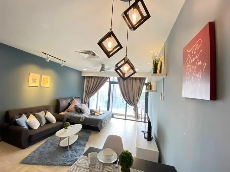Living features: dark fabric sofa with cushions, coffee table, area rug with geometric pattern, wall-mounted TV, suspended pendant lights, floor-to-ceiling windows, curtains, decorative wall art, shelf with decorative plants, dining table with tableware; style: modern; view: city.
