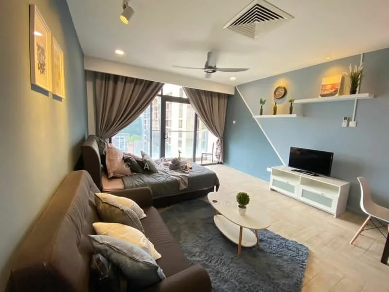 Living features: grey accent wall, light blue painted walls, 5-blade ceiling fan with light, floor-to-ceiling windows, curtains, 3-seater fabric sofa in dark brown, coffee table, area rug with geometric pattern, wall-mounted TV, white TV console, decorative plants, shelves with decorative items; style: modern; view: city.