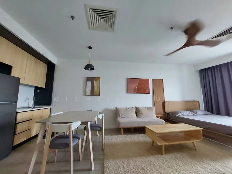 Living features: light wood cabinetry, black refrigerator, white walls, ceiling fan with wooden blades, sofa with beige upholstery, wooden coffee table, 6-seater dining table with white surface and light wood legs, area rug, floor-to-ceiling window treatments, artwork on walls; style: modern.