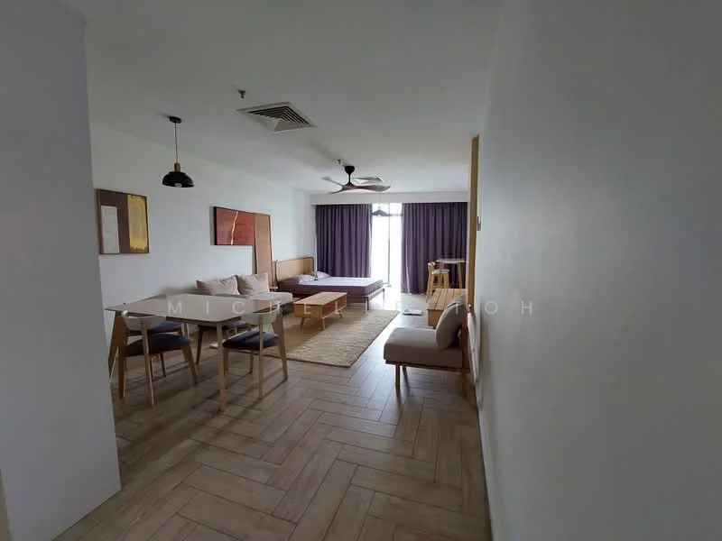 Living features: wooden flooring, white painted walls, recessed downlights, 5-blade ceiling fan, sofa, dining table with chairs, area rug, floor-to-ceiling windows with curtains, wall-mounted artwork, open layout; style: modern.