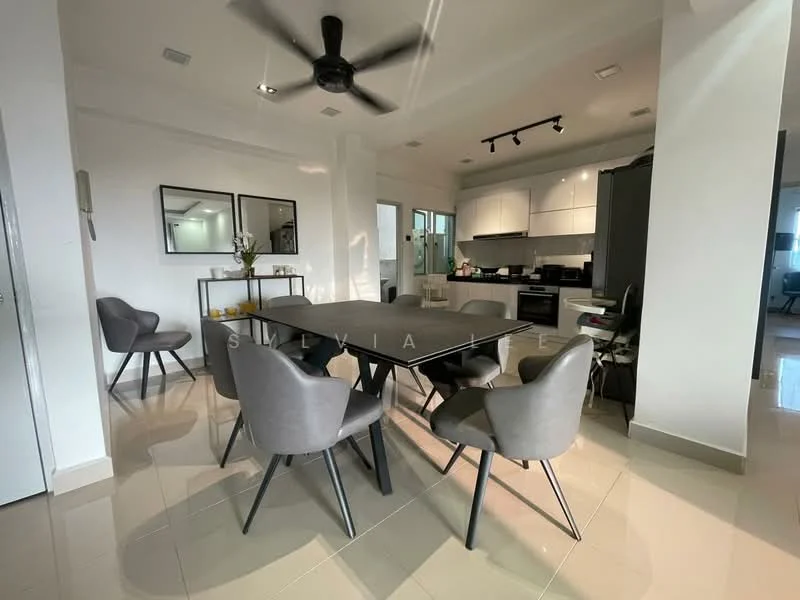 Dining features: 6-seater dining table, grey upholstered dining chairs, pendant lighting, white painted walls, glossy tile flooring, ceiling fan, open-plan layout to kitchen, large windows for natural light, decorative mirrors on wall; style: modern. Kitchen features: white cabinetry, black countertop, built-in appliances, open layout to dining area; style: modern.