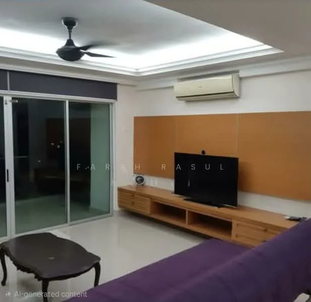 Living features: 5-blade ceiling fan with light, wall-mounted TV, wooden TV console, purple fabric sofa, coffee table, sliding glass door, air conditioning unit, recessed ceiling lights, cream painted walls, tile flooring; style: modern.
