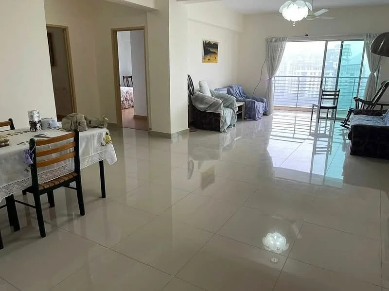 Living features: glossy tile flooring, white painted walls, large sliding glass door, floor-to-ceiling windows, ceiling fan, chandelier, sofa set, coffee table, area rug, curtains, decorative wall art; style: modern; view: city. Dining features: dining table with chairs, tablecloth, decorative centerpiece; style: modern. Room features: doorway leading to another room.
