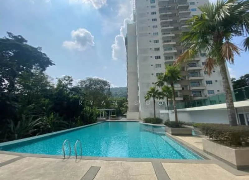 Exterior type: high-rise condominium; features: infinity pool, pool deck with loungers, surrounded by tropical landscaping, palm trees, manicured lawn, concrete walkway, glass railing, view of surrounding greenery; style: modern.