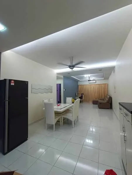 Living features: white painted walls, glossy tile flooring, 5-blade ceiling fan with light, sofa in brown, dining table with white chairs, refrigerator in black, curtains in beige, wall-mounted TV, recessed lighting, open layout; style: modern.