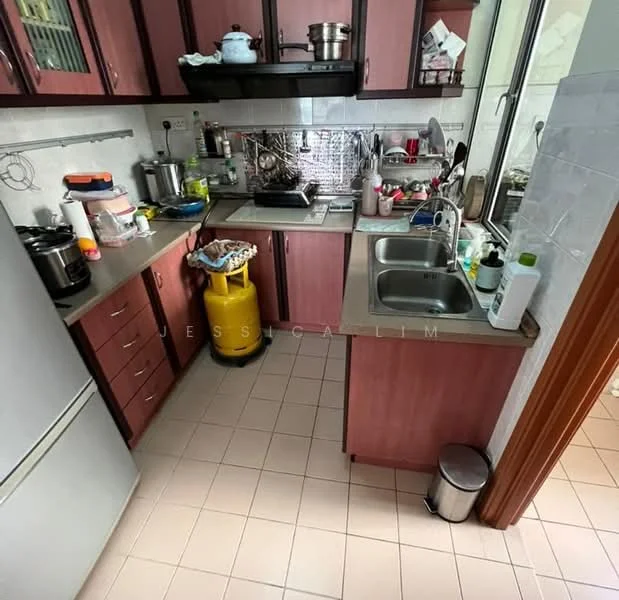 Kitchen features: L-shaped kitchen layout, brown wooden cabinetry, stainless-steel double-bowl sink, chrome pull-down faucet, grey countertop, built-in gas stove, exhaust hood, microwave, stainless-steel refrigerator, metal trash can, yellow trash bin, various kitchen utensils and appliances, tile flooring, white tiled backsplash; style: modern.