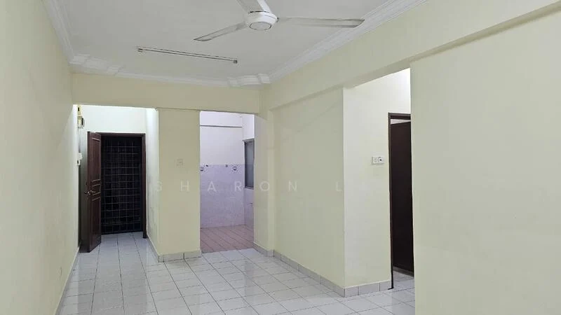 Room features: cream painted walls, white ceiling with crown moulding, floor tiles in white, ceiling fan, door frames in dark wood, light switch on wall, open layout, no visible furniture.