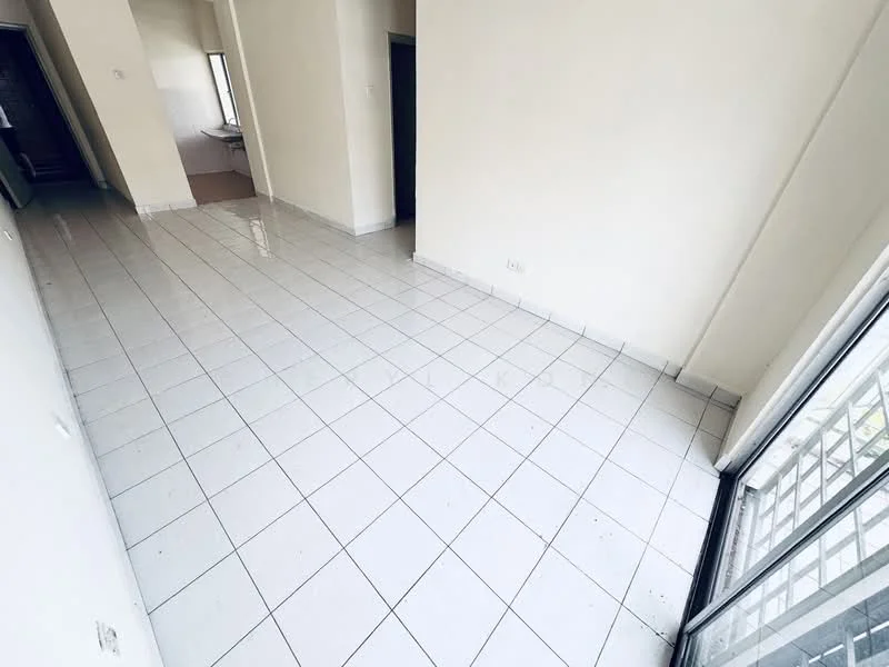 Room features: white tiled flooring, plain white walls, large windows, natural light, corner room, sliding glass door.