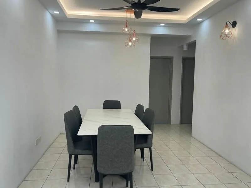 Dining features: white painted walls, tile flooring, 5-blade ceiling fan with light, recessed downlights, pendant lights, marble dining table, 6 upholstered dining chairs, wall-mounted light fixture; style: modern.