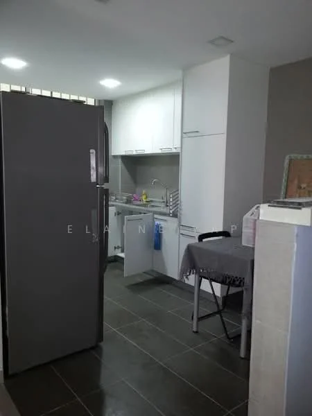 Kitchen features: grey stainless-steel fridge, white cabinetry, grey countertop, sink with faucet, built-in oven, 4-burner gas hob, tile backsplash, dark tile flooring, table with chairs, wall-mounted cabinets, under-cabinet lighting; style: modern.