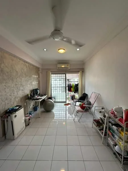Living features: white painted walls, glossy white tile flooring, 5-blade ceiling fan with light, recessed downlights, air conditioning unit, sliding glass door, floor-to-ceiling windows, decorative wall paneling, TV console, open shelving, exercise ball, plastic chairs, clothes drying rack; style: modern.