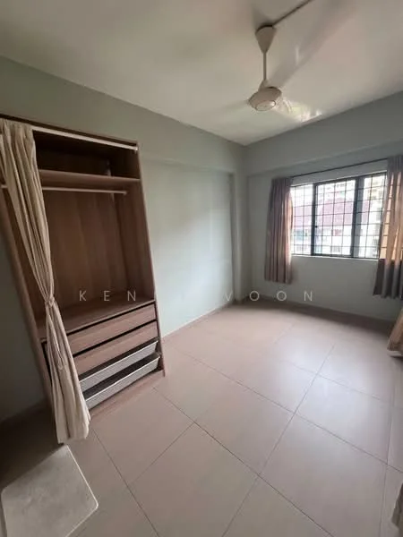 Bedroom features: light brown wooden wardrobe with sliding doors, floor-to-ceiling window with grid pattern, brown curtains, ceiling fan, light beige tiled flooring, neutral grey painted walls, built-in drawers in wardrobe, natural light from window; style: minimalist.