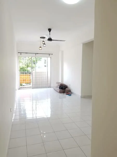 Living features: white painted walls, glossy ceramic tile flooring, 5-blade ceiling fan with light, sliding glass door, floor-to-ceiling windows, natural light from windows, sofa in beige, decorative wall light; style: modern; view: garden.