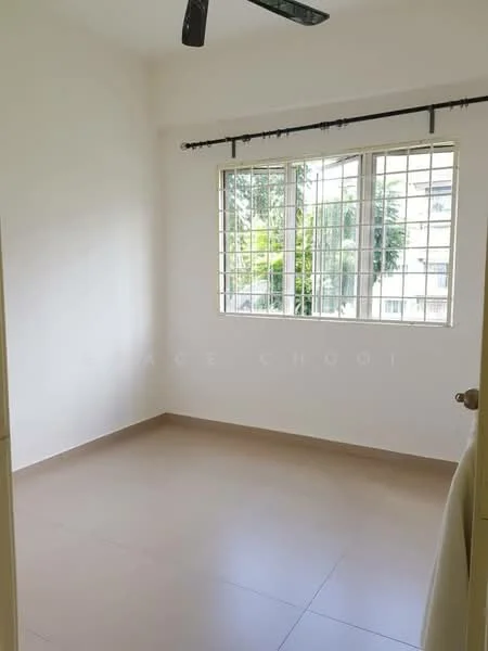 Room features: white painted walls, tile flooring, large window with metal grille, ceiling fan, natural light from window; view: garden.