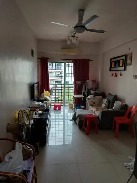 Living features: grey fabric sofa, 2 red plastic chairs, wooden TV console, wall-mounted TV, ceiling fan, white walls, tile flooring, large window with metal grille, curtains in red, decorative wall art, coffee table, area rug, open shelving, houseplants; style: modern; view: garden.