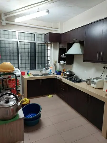Kitchen features: dark wood cabinetry, laminate countertop, single-bowl stainless-steel sink, chrome pull-down faucet, built-in stove, microwave, toaster, kettle, multiple cooking pots, plastic storage containers, blue plastic basin, tile flooring, window with grid pattern, overhead fluorescent lighting; style: modern.
