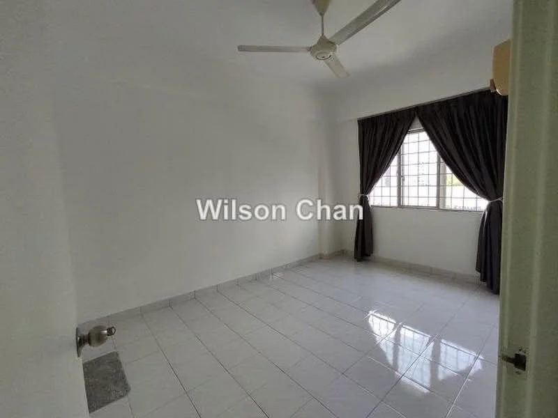 Room features: white painted walls, tile flooring, ceiling fan, large window with sheer curtains, natural light, corner of the room with a small wall section, neutral color scheme; style: minimalist.