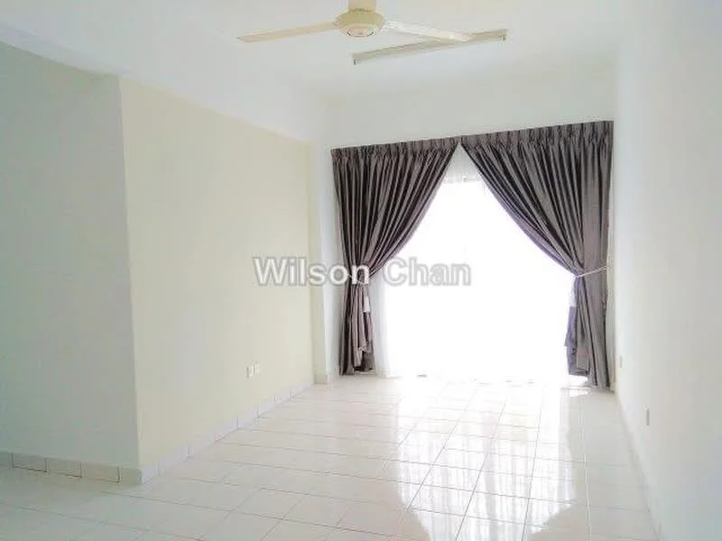 Living features: white painted walls, glossy tile flooring, 5-blade ceiling fan, floor-to-ceiling windows, grey curtains, natural light from window.