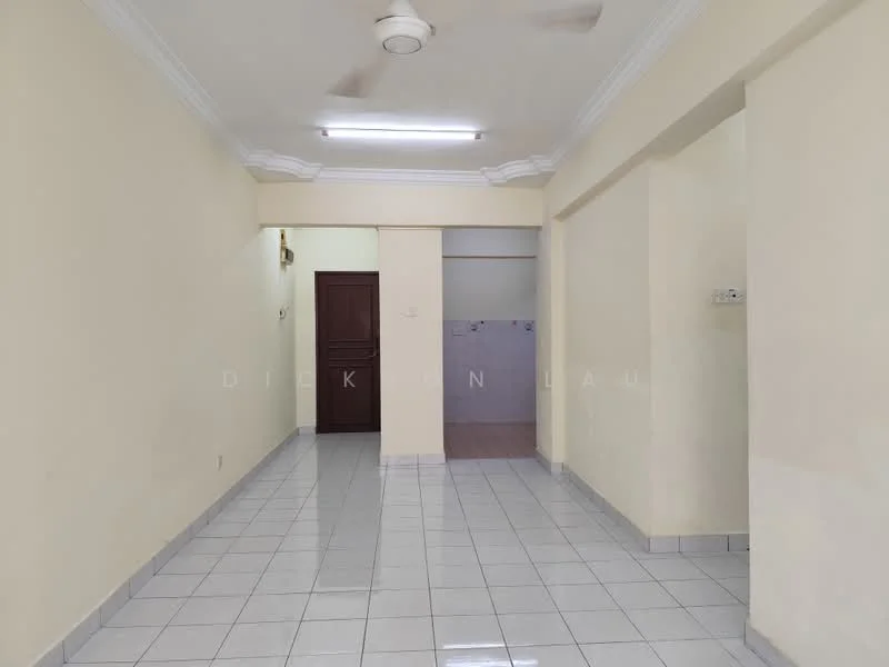Room features: white painted walls, glossy white tile flooring, ceiling with recessed lighting, ceiling fan, doorway leading to another room, open layout, no visible furniture, neutral color scheme; style: minimalist.