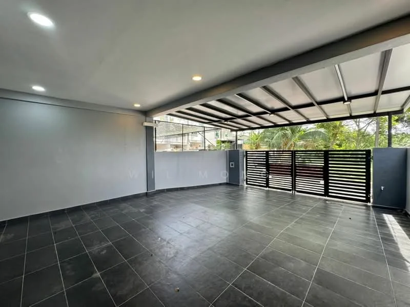 Room features: grey tiled flooring, white painted walls, exposed ceiling with beams, recessed LED downlights, large sliding glass door, metal railing, view of greenery outside, open layout; style: modern; view: garden.