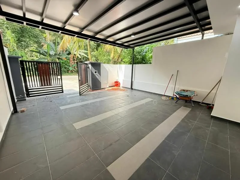 Exterior type: car porch; features: covered car porch, grey tiled flooring, sliding gate, white painted walls, landscaped greenery visible, outdoor lighting, open space, concrete wall, paved driveway; style: modern.