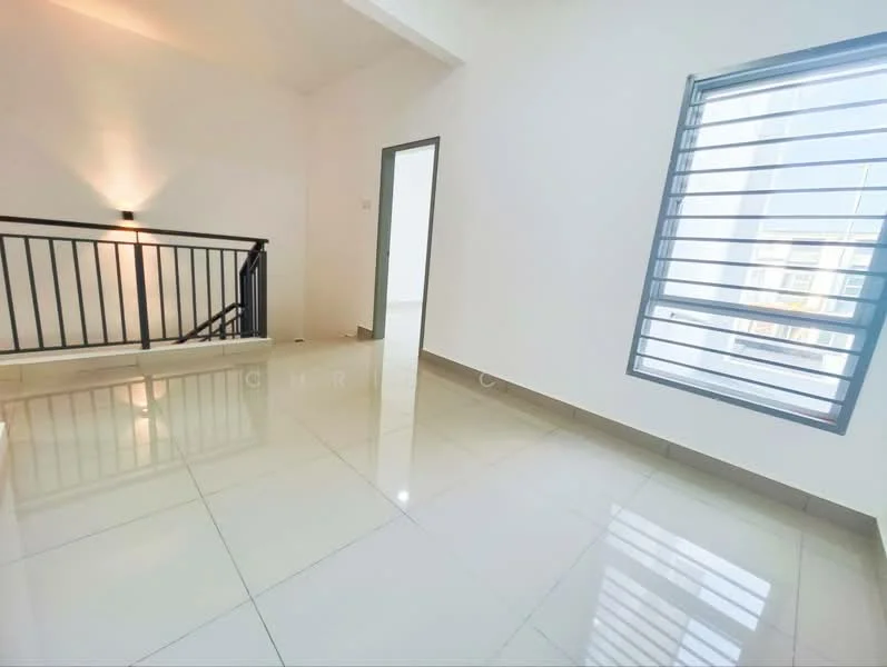 Room features: white painted walls, glossy tile flooring, sliding windows with horizontal bars, metal railing, recessed downlights, high ceiling, natural light from windows; style: modern; view: city.