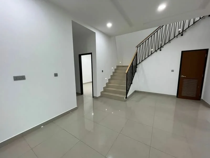 Room features: white painted walls, glossy ceramic tile flooring, staircase with wooden handrail, recessed downlights, door with wood finish, door frame with louvered vent, light switch, wall-mounted electrical outlet; style: modern.
