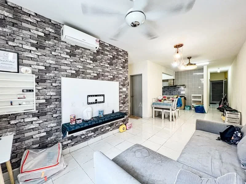 Living features: grey fabric sofa, white wall-mounted TV unit, exposed brick accent wall in grey, white tiled flooring, ceiling fan, wall-mounted air conditioning unit, dining table with chairs, decorative pendant light, open layout to kitchen, shelving unit, decorative items on shelves; style: modern.