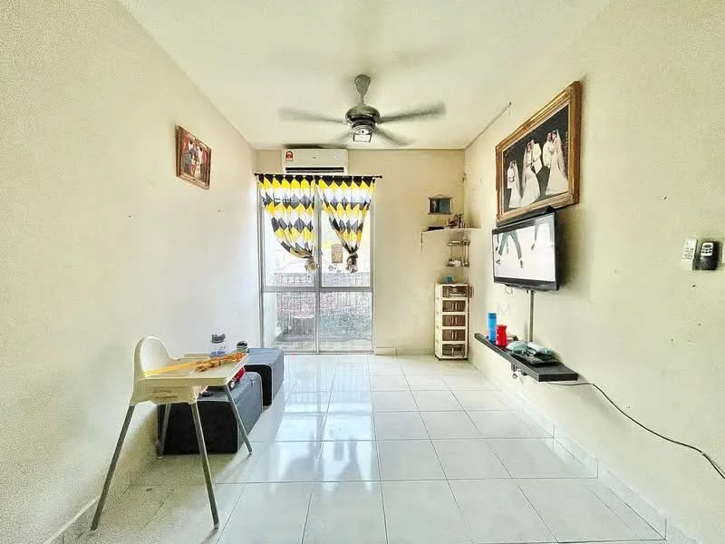 Living features: white painted walls, glossy white tile flooring, 5-blade ceiling fan with light, floor-to-ceiling windows, sliding glass door, blackout curtains, wall-mounted TV, TV console, decorative artwork, small shelving unit, coffee table, light-colored chair; style: modern; view: city.