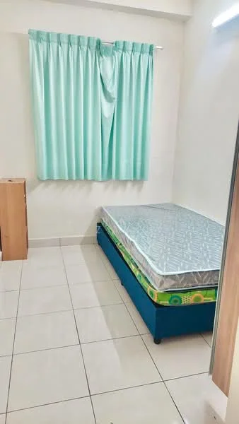 Bedroom features: single bed, mattress with silver cover, light blue bed frame, green curtains, white painted walls, tile flooring, wooden bedside table, ceiling light.