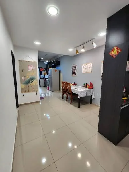 Dining features: white tablecloth on dining table, 4 wooden dining chairs, white tiled flooring, recessed ceiling lights, wall-mounted artwork, decorative wall hanging, open layout to kitchen, kitchen appliances visible in background; style: modern. Room features: grey painted walls, light fixtures, doorway leading to other rooms.