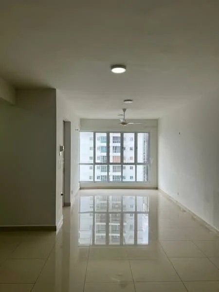 Living features: white painted walls, glossy ceramic tile flooring, recessed downlights, 5-blade ceiling fan, floor-to-ceiling windows, sliding glass door, natural light, open layout; style: modern; view: city.
