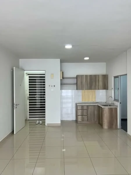 Kitchen features: white painted walls, glossy tile flooring, wood cabinetry, single-bowl stainless-steel sink, chrome pull-down faucet, white tiled backsplash, countertop with laminate finish, built-in kitchen cabinet, recessed downlights; style: modern. Room features: white painted walls, glossy tile flooring, main entrance door, interior door, light fixtures.