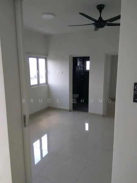 Room features: white painted walls, glossy ceramic tile flooring, 5-blade ceiling fan, floor-to-ceiling windows, doorway leading to another room, doorway leading to bathroom, neutral color scheme, natural light from windows; style: modern.