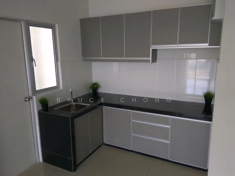 Kitchen features: grey cabinetry, black granite countertop, single-bowl stainless-steel sink, chrome pull-down faucet, white tiled backsplash, ceramic tile flooring, window with metal frame, decorative plants on countertop; style: modern.