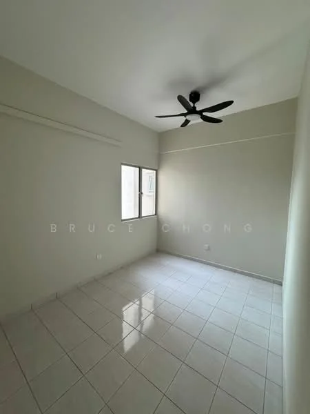 Room features: white painted walls, white ceiling, 5-blade ceiling fan, tile flooring, single window, natural light, empty space.