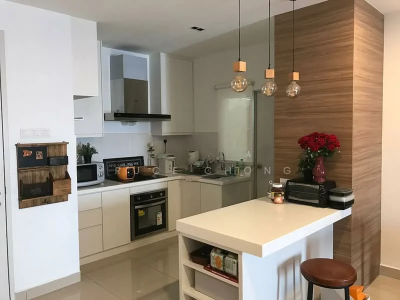 Kitchen features: white shaker cabinets, marble countertop, stainless-steel sink, chrome pull-down faucet, built-in oven, freestanding range oven, microwave, refrigerator, pendant lights, tile backsplash, ceramic tile flooring, window with sheer curtains, bar stool, decorative flowers in vase; style: modern.